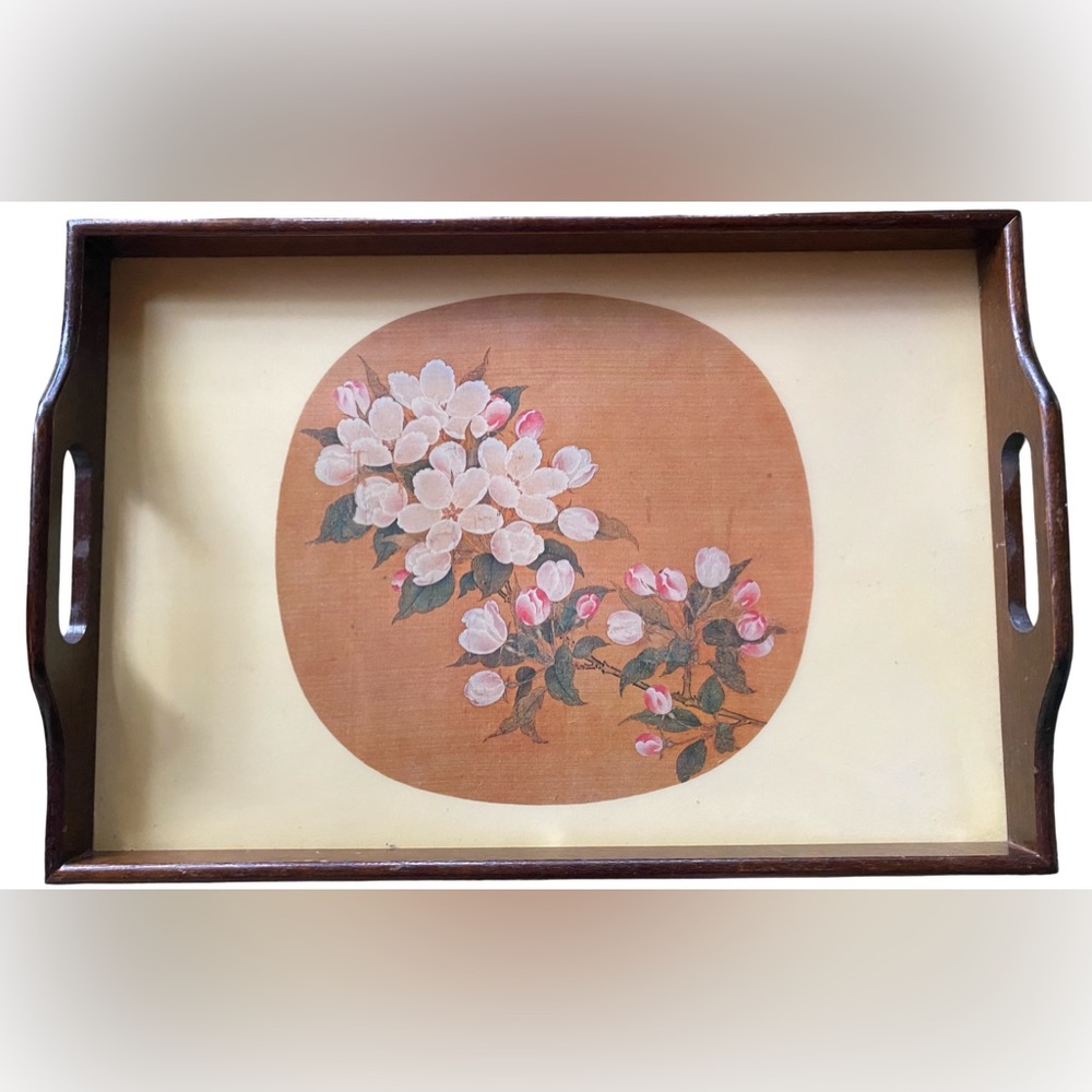 Vintage Japanese Wooden Serving Tray W/Crabapple Blossoms Art